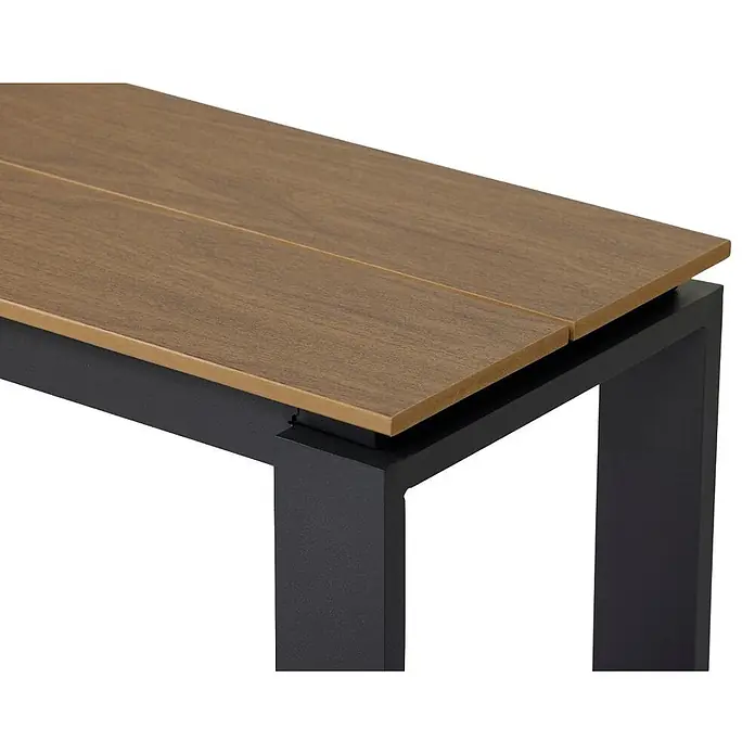 Ebuy24 Gartenbank Martinus - B x T x H: 36 x 180 x 43 cm, Aluminium, Nonwood., Walnuss - Braune Holzoptik-Tischplatte auf einem dunkelgrauen Metallgestell.