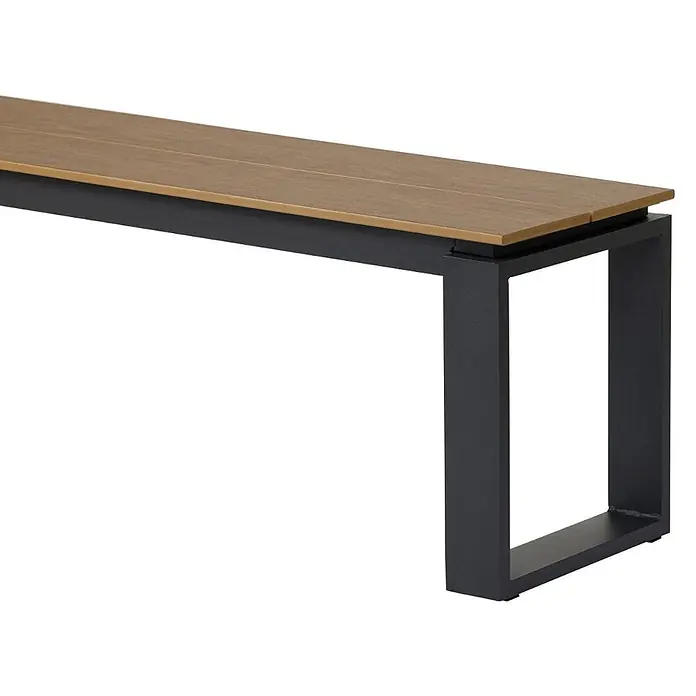 Ebuy24 Gartenbank Martinus - B x T x H: 36 x 180 x 43 cm, Aluminium, Nonwood., Walnuss - Moderne Bank mit hellbrauner Holzoptik-Sitzfläche und dunkelgrauen U-förmigen Metallbeinen.