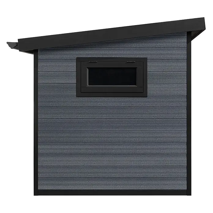 Fjordholz Gartenhaus Style DeLuxe 2-Raum 8,0 m² - Außenmaß inkl. Dachüberstand (B x T): 427,5 x 236 cm, Aluminium, Anthrazit/grau - Dunkelgrauer Geräteschuppen mit horizontaler strukturierter Verkleidung, schwarzem Rahmen, schrägem Dach und kleinem rechteckigem Fenster.