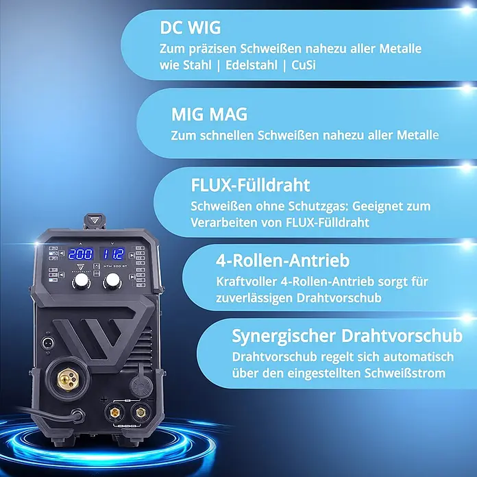 STAHLWERK Kombi-Schweißgerät Kombi-Schweißgerät MTM-200 ST Vollausstattung - Schweißstrom: 200 A - Kompaktes, dunkelgraues Multiprozess-Schweißgerät mit Digitalanzeige und integriertem Drahtvorschub.
