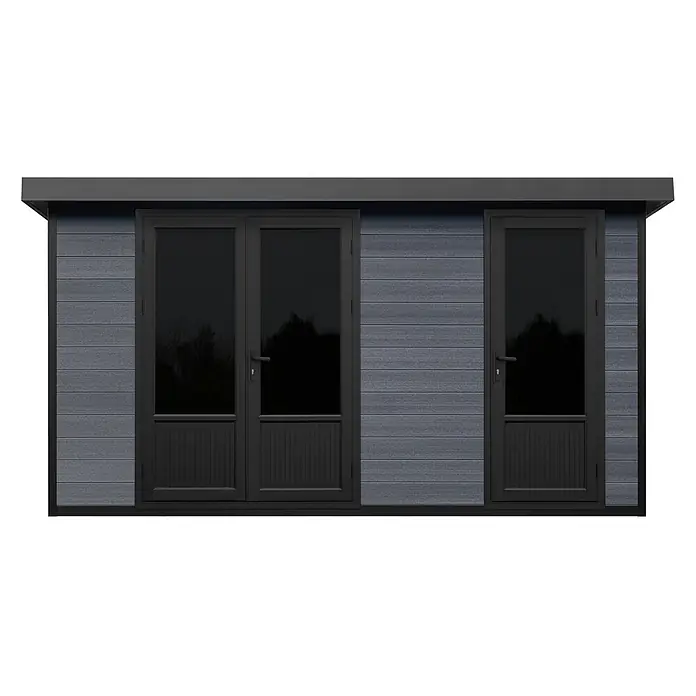 Fjordholz Gartenhaus Style DeLuxe 2-Raum 8,0 m² - Außenmaß inkl. Dachüberstand (B x T): 427,5 x 236 cm, Aluminium, Anthrazit/grau - Dunkelblaues Gartenhaus mit horizontaler Lamellenverkleidung, schwarzem Rahmen und zwei schwarzen Türen: einer Doppeltür und einer Einzeltür.