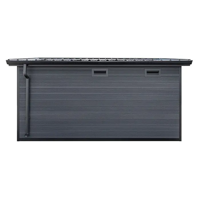 Fjordholz Gartenhaus Style DeLuxe 2-Raum 8,0 m² - Außenmaß inkl. Dachüberstand (B x T): 427,5 x 236 cm, Aluminium, Anthrazit/grau - Dunkelgrauer Geräteschuppen mit horizontaler Verkleidung, Fallrohr und zwei Lüftungsschlitzen für robuste Lagerung im Freien.