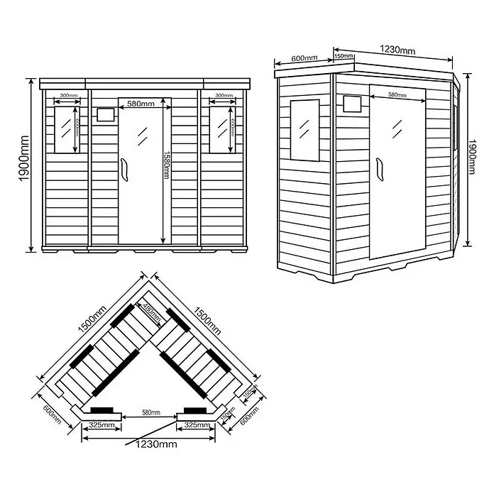 Home Deluxe Infrarotkabine REDSUN XXL -  - Bemaßte Zeichnungen einer Ecksaunakabine, mit Vorder-, isometrischer und Draufsicht sowie detaillierten Maßen.