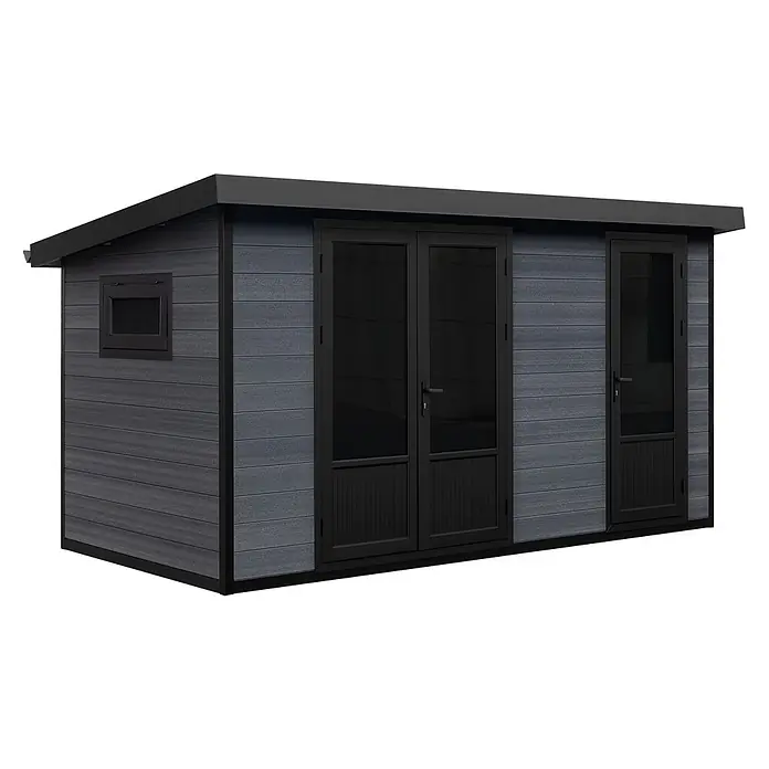 Fjordholz Gartenhaus Style DeLuxe 2-Raum 8,0 m² - Außenmaß inkl. Dachüberstand (B x T): 427,5 x 236 cm, Aluminium, Anthrazit/grau - Dunkelgrauer Komposit-Gartenschuppen mit schwarzem Zierrand, Einzelfenster und zwei Eingangstüren.