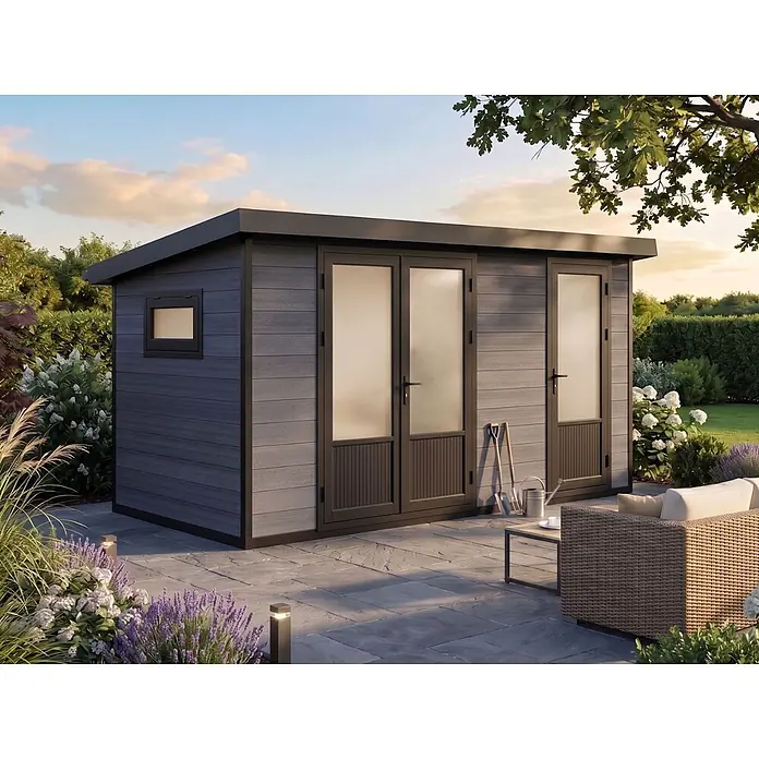 Fjordholz Gartenhaus Style DeLuxe 2-Raum 8,0 m² - Außenmaß inkl. Dachüberstand (B x T): 427,5 x 236 cm, Aluminium, Anthrazit/grau - Moderner dunkelgrauer Gartenraum mit großen Glastüren und kleinem Fenster auf einer Terrasse.
