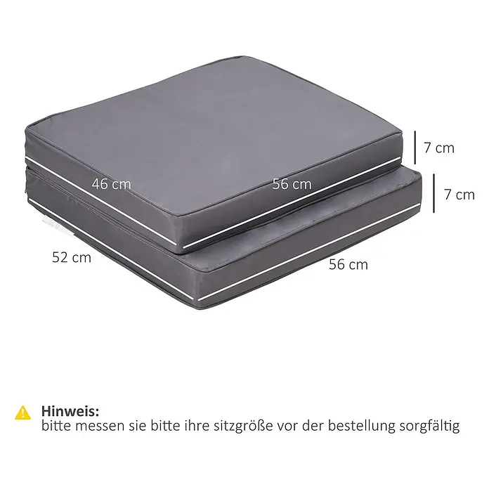 Outsunny Sitzauflage Niederlehner - Niederlehner, 2 Stk., L x B x H: 56 x 52 x 7 cm, Polyester, Hellgrau - Zwei gestapelte graue Kissen, je 7 cm hoch. Oberes Kissen: 46x56 cm, unteres: 52x56 cm.