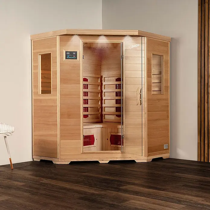 Home Deluxe Infrarotkabine REDSUN XXL -  - Helle Holz-Eck-Infrarotsauna mit Glastür, digitaler Steuerung und roten Innenheizern.