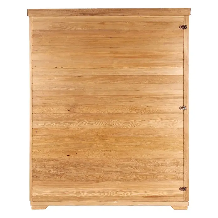 Home Deluxe Infrarotkabine REDSUN XXL -  - Heller Holzschrank mit horizontalen Latten und Metallscharnieren.