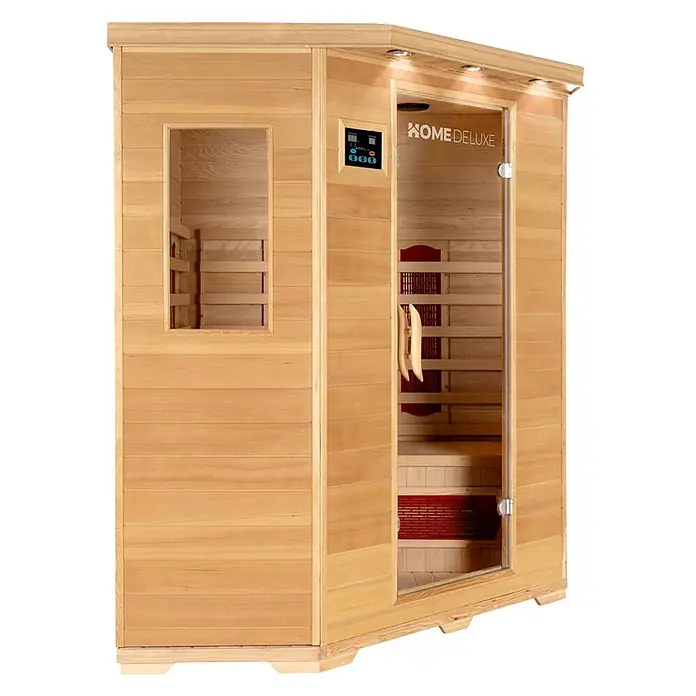 Home Deluxe Infrarotkabine REDSUN XXL -  - Helle Holz-Infrarot-Saunakabine mit Glastür, internen Heizungen, Bedienfeld und kleinem Fenster.
