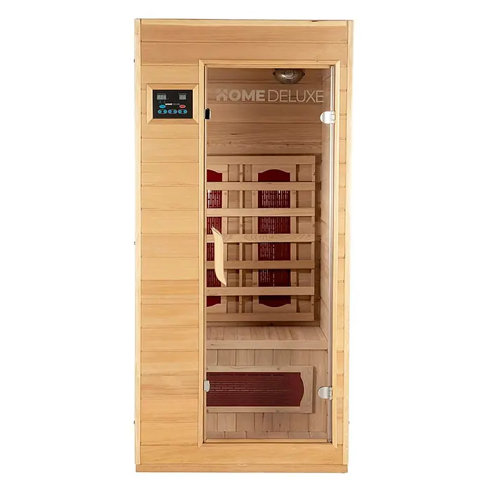 Home Deluxe Infrarotkabine REDSUN S -  - Infrarotsauna aus Holz mit Glastür, Bedienfeld und roten Heizelementen im Inneren.