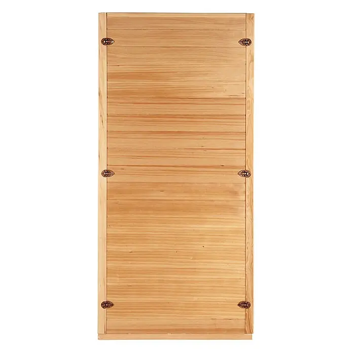 Home Deluxe Infrarotkabine REDSUN S -  - Hellbraunes Holzpaneel mit horizontalen Brettern, gerahmt, mit sechs dekorativen ovalen Metallscharnieren.