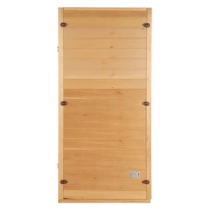 Home Deluxe Infrarotkabine REDSUN S -  - Helle Holzplatte mit horizontalen Latten und dekorativen bronzefarbenen Scharnieren.
