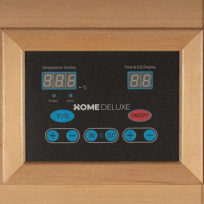 Home Deluxe Infrarotkabine REDSUN S -  - Helles Holz-Saunasteuerpult mit schwarzer Frontplatte, Digitalanzeigen für Temperatur/Zeit und Bedientasten. HOME DELUXE.