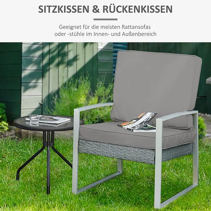 Outsunny Sitzauflage Niederlehner - Niederlehner, 2 Stk., L x B x H: 56 x 52 x 7 cm, Polyester, Hellgrau - Graue Sitz- und Rückenkissen für Rattanmöbel, auf einem Stuhl.