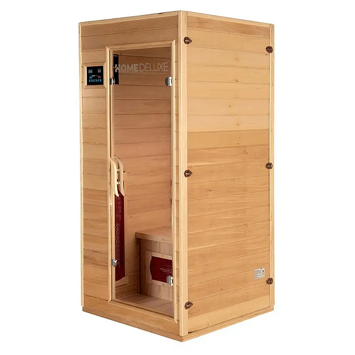 Home Deluxe Infrarotkabine REDSUN S -  - Kompakte Infrarotsauna aus hellem Holz mit Glastür, Bedienfeld und sichtbaren roten Heizelementen.