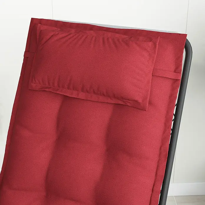 Outsunny Sitzauflage Hochlehner - Hochlehner, 2 Stk., L x B x H: 116 x 50 x 5 cm, Polyester, Weinrot - Rotes, strukturiertes Outdoor-Liegekissen mit integriertem Kopfteil, auf dunklem Gestell.