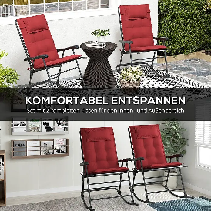Outsunny Sitzauflage Hochlehner - Hochlehner, 2 Stk., L x B x H: 116 x 50 x 5 cm, Polyester, Weinrot - Paar rote gepolsterte Schaukelstühle mit schwarzem Gestell, geeignet für den Innen- und Außenbereich.