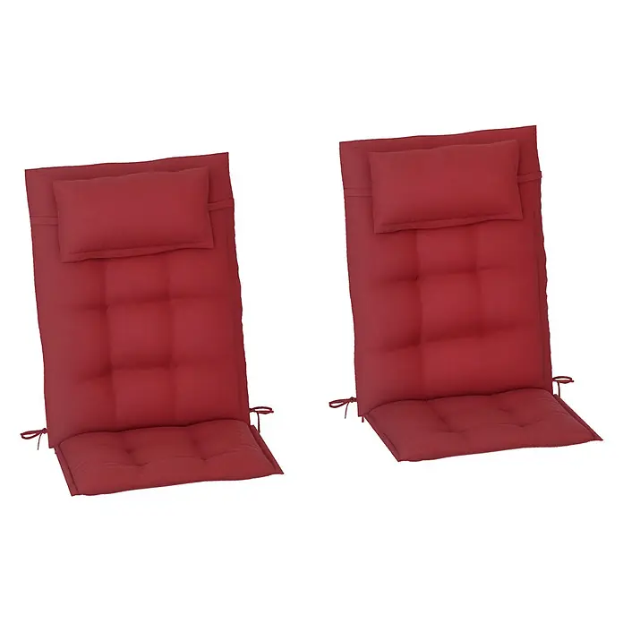 Outsunny Sitzauflage Hochlehner - Hochlehner, 2 Stk., L x B x H: 116 x 50 x 5 cm, Polyester, Weinrot - Zwei rote Hochlehner-Stuhlkissen mit integrierten Kopfstützen und Befestigungsbändern.