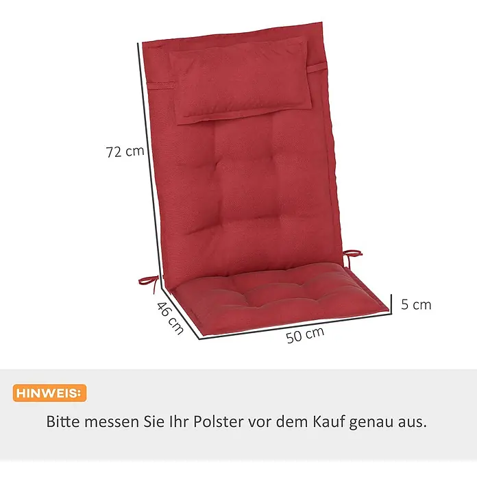 Outsunny Sitzauflage Hochlehner - Hochlehner, 2 Stk., L x B x H: 116 x 50 x 5 cm, Polyester, Weinrot - Rotes getuftetes Stuhlkissen mit integrierter Kopfstütze und Bändern, Maße angezeigt.