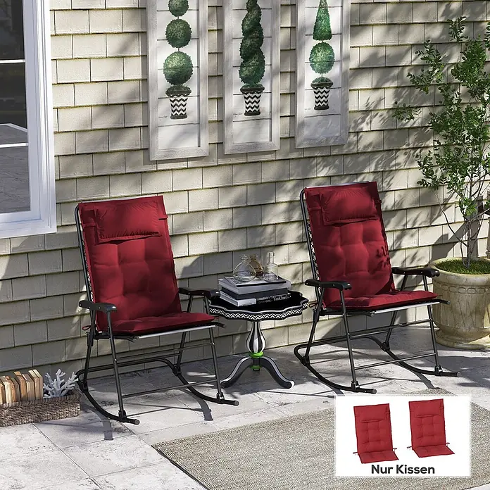 Outsunny Sitzauflage Hochlehner - Hochlehner, 2 Stk., L x B x H: 116 x 50 x 5 cm, Polyester, Weinrot - Zwei rote gepolsterte Outdoor-Schaukelstühle auf einer Terrasse, ideal zum Entspannen.
