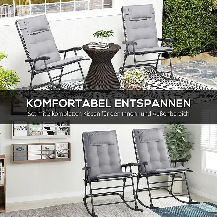 Outsunny Sitzauflage Hochlehner - Hochlehner, 2 Stk., L x B x H: 116 x 50 x 5 cm, Polyester, Hellgrau - Zwei dunkelgraue Metallstühle mit weichen grauen Kissen, geeignet für Innen- und Außenbereiche.