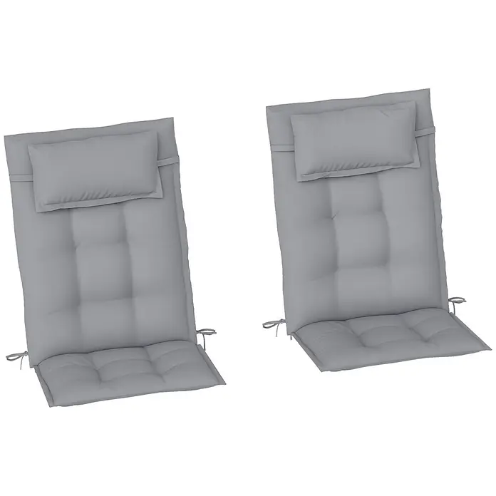 Outsunny Sitzauflage Hochlehner - Hochlehner, 2 Stk., L x B x H: 116 x 50 x 5 cm, Polyester, Hellgrau - Zwei graue getuftete Stuhlkissen mit Kopfstützen und Bändern.