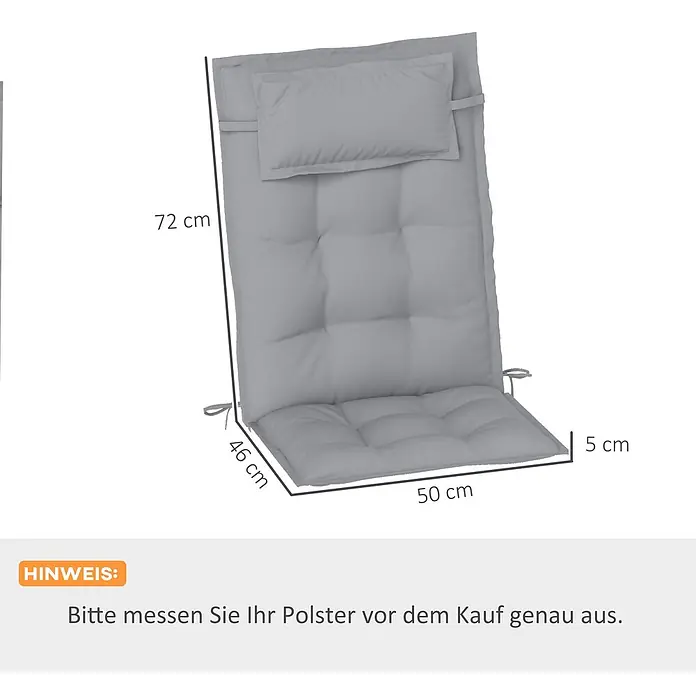 Outsunny Sitzauflage Hochlehner - Hochlehner, 2 Stk., L x B x H: 116 x 50 x 5 cm, Polyester, Hellgrau - Graues, getuftetes Stuhlkissen mit Kopfkissen und Bändern, Maße 72x50x46 cm, 5 cm dick.