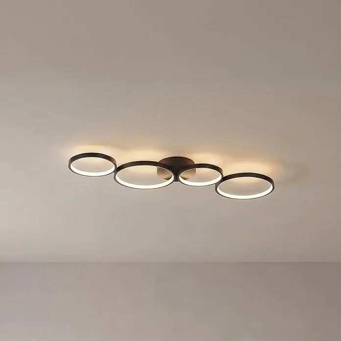 Lindby Deckenleuchte Evengeline - L x B x H: 88 x 31 x 7 cm, schwarz - Moderne schwarze LED-Deckenleuchte mit fünf beleuchteten Ringen.