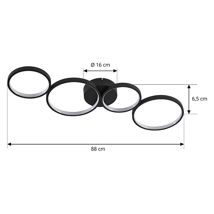 Lindby Deckenleuchte Evengeline - schwarz - Schwarze Deckenleuchte mit vier verbundenen Ringen und weißer LED-Beleuchtung. 88 cm lang, 6,5 cm hoch.