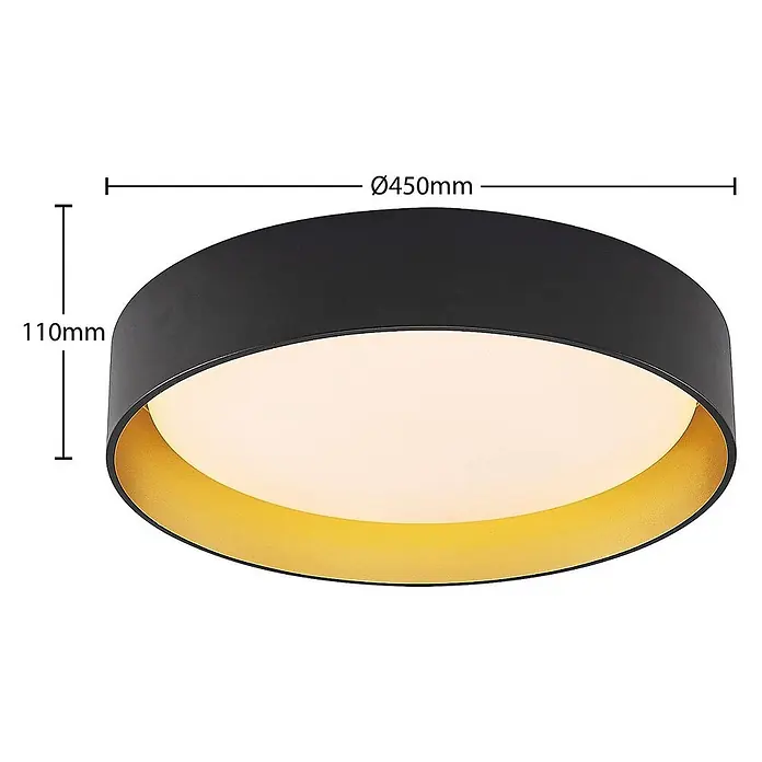 Lindby Deckenleuchte Gracjan - L x B x H: 45 x 45 x 11 cm, schwarz - Runde schwarze Deckenleuchte mit goldenem Interieur und weißem Diffusor, Ø450mm, H110mm.