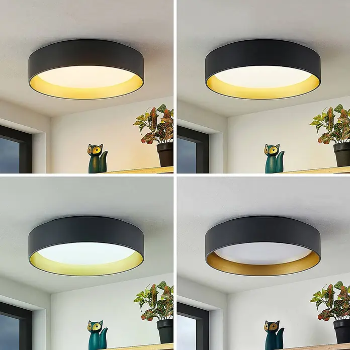 Lindby Deckenleuchte Gracjan - L x B x H: 45 x 45 x 11 cm, schwarz - Runde schwarze Deckenleuchte mit goldener Innenseite, die verschiedene Lichttemperaturen zeigt.