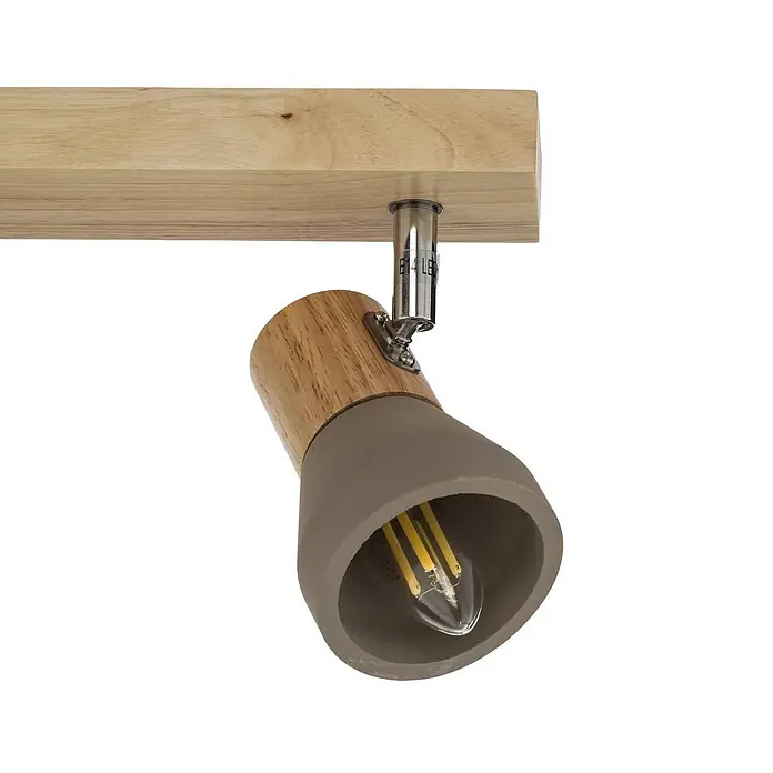 Lindby Deckenstrahler Filiz - Holz hell, alu / grau / zink, E14 - Holzbalken mit einem hängenden Spotstrahler mit Holzaufsatz und grauem konischem Schirm, der eine LED-Filamentbirne enthält.