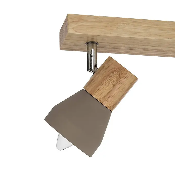 Lindby Deckenstrahler Filiz - Holz hell, alu / grau / zink, E14 - Verstellbarer Strahler an einem Holzbalken mit heller Holzoberseite und taupefarbenem Metallschirm.
