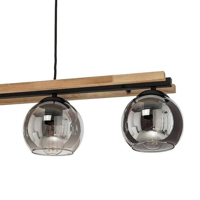 Lindby Pendelleuchte Enrique - L x B x H: 90 x 15 x 13 cm, alu / grau / zink, rauchgrau, eiche hell, Schwarz, E27 - Pendelleuchte aus Holz mit zwei Rauchglas-Kugeln und schwarzen Details.