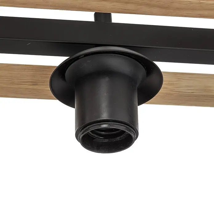 Lindby Pendelleuchte Enrique - L x B x H: 90 x 15 x 13 cm, alu / grau / zink, rauchgrau, eiche hell, Schwarz, E27 - Schwarze E27-Lampenfassung, integriert in eine Leuchte mit schwarzem Metall und hellem Holz.