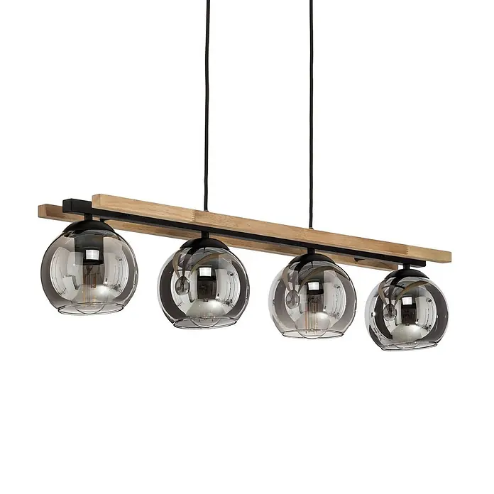Lindby Pendelleuchte Enrique - L x B x H: 90 x 15 x 13 cm, alu / grau / zink, rauchgrau, eiche hell, Schwarz, E27 - Lineare Pendelleuchte mit Holzbalken, schwarzem Metall und vier Rauchglas-Kugeln.