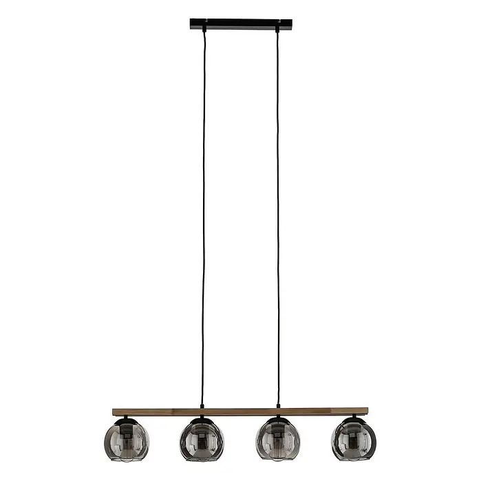Lindby Pendelleuchte Enrique - L x B x H: 90 x 15 x 13 cm, alu / grau / zink, rauchgrau, eiche hell, Schwarz, E27 - Vierflammige Pendelleuchte mit Holzleiste, vier kugelförmigen Rauchglas-Schirmen und schwarzer Aufhängung.