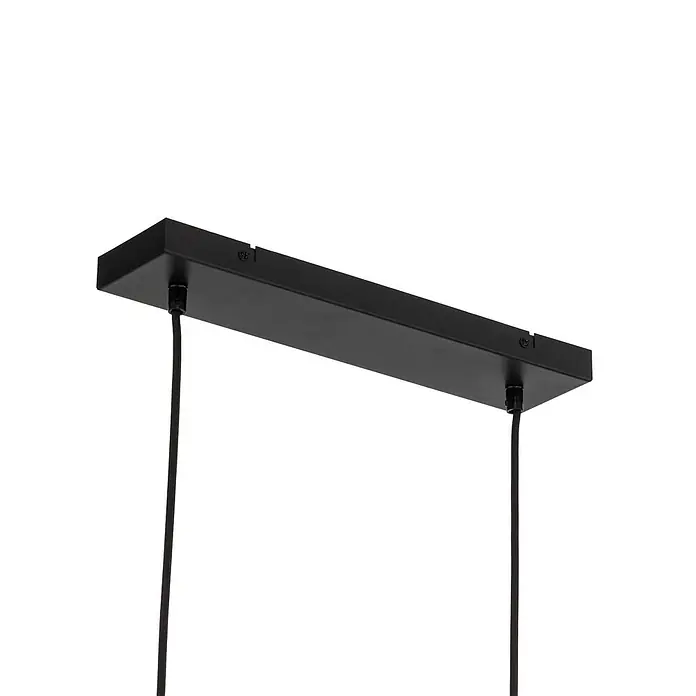 Lindby Pendelleuchte Trebale - L x B x H: 123 x 28 x 28 cm, schwarz, Schwarz, Holz hell, E27 - Schwarze rechteckige Deckenbefestigung mit zwei hängenden Textilkabeln für Pendelleuchte.