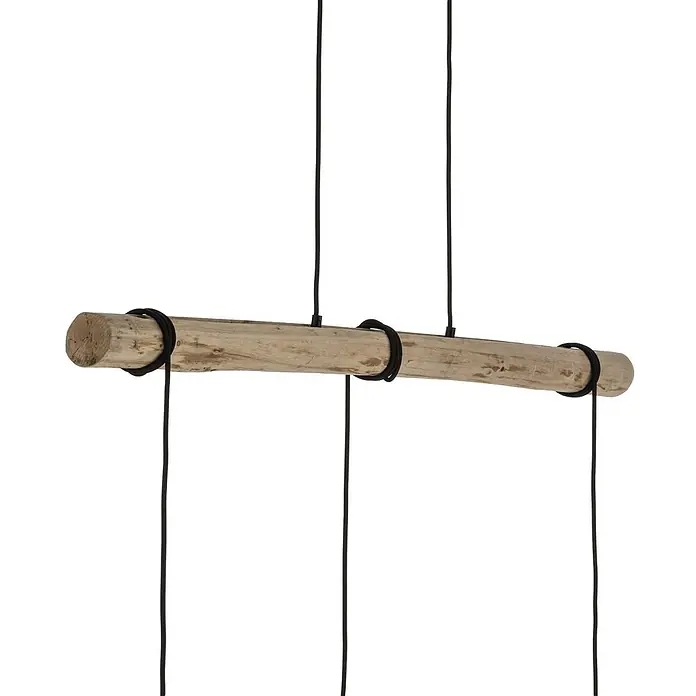 Lindby Pendelleuchte Trebale - L x B x H: 123 x 28 x 28 cm, schwarz, Schwarz, Holz hell, E27 - Rustikale Hängelampe mit Naturholzstamm und schwarzen Textilkabeln.