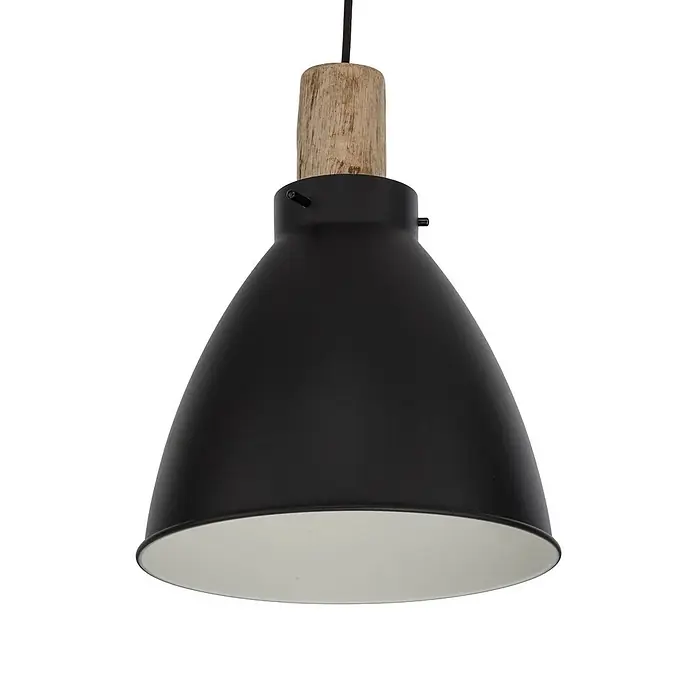 Lindby Pendelleuchte Trebale - L x B x H: 123 x 28 x 28 cm, schwarz, Schwarz, Holz hell, E27 - Schwarze Pendelleuchte aus Metall mit Holzaufsatz zum Aufhängen.