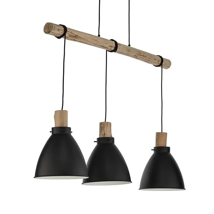 Lindby Pendelleuchte Trebale - L x B x H: 123 x 28 x 28 cm, schwarz, Schwarz, Holz hell, E27 - Dreifache schwarze Metall-Pendelleuchte mit Holzakzenten, von einem hellen Holzstamm an schwarzen Kabeln hängend.