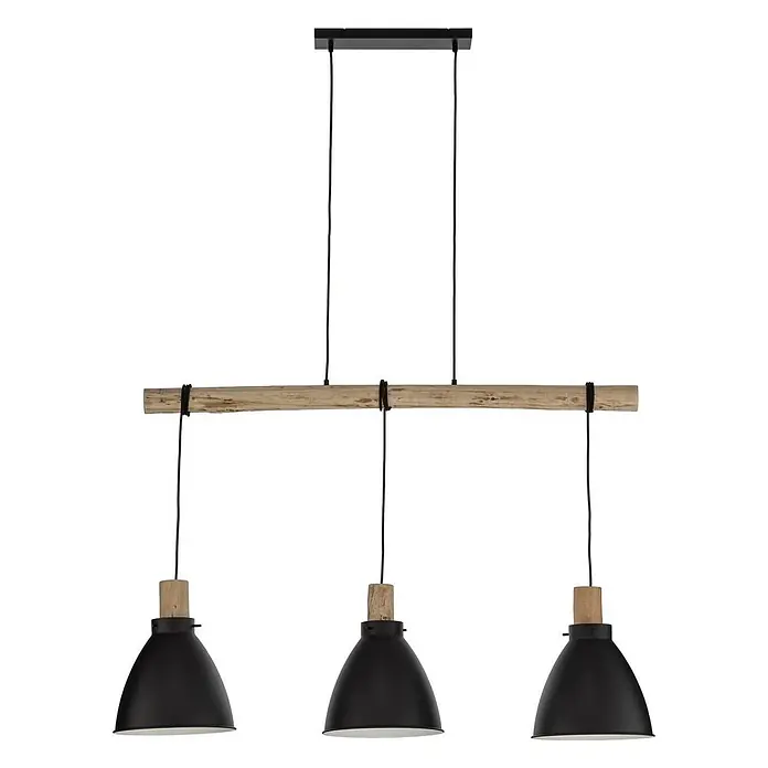 Lindby Pendelleuchte Trebale - L x B x H: 123 x 28 x 28 cm, schwarz, Schwarz, Holz hell, E27 - Dreifache schwarze Metall-Pendelleuchte mit Holzstange und Akzenten, aufgehängt an schwarzer Deckenplatte.