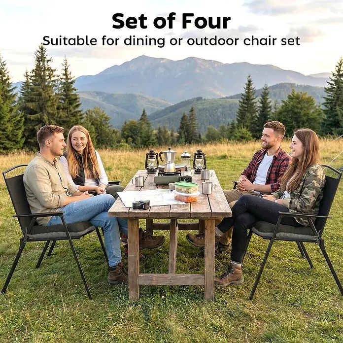 Outsunny Sitzauflage - Gartenstühle, 4 Stk., Polyester, Schaumstoff, Dunkelgrau - Set aus vier Outdoor-Stühlen mit dunklem Metallgestell und grauem Stoff, ideal für Camping und Essen.