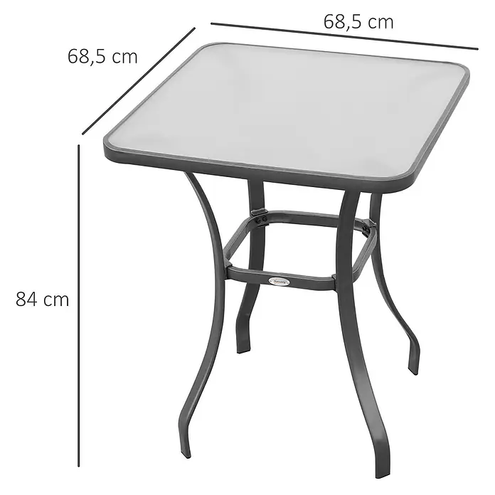 Outsunny Gartentisch - L x B x H: 68,5 x 68,5 x 84 cm, Metall, Hartglas, Quadratisch, Schwarz - Quadratischer grauer Metalltisch mit Glasplatte, 68,5x68,5 cm, 84 cm hoch.