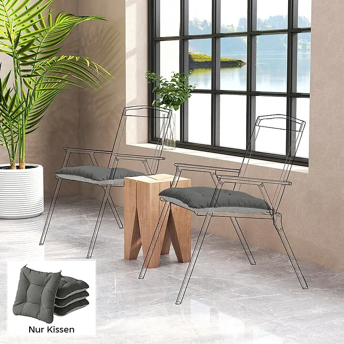 Outsunny Sitzauflage - Gartenstühle, 4 Stk., Polyester, Schaumstoff, Dunkelgrau - Dunkelgraue quadratische Stuhlkissen auf zwei modernen Stühlen in einem hellen Raum, plus ein Stapel aus drei Kissen.