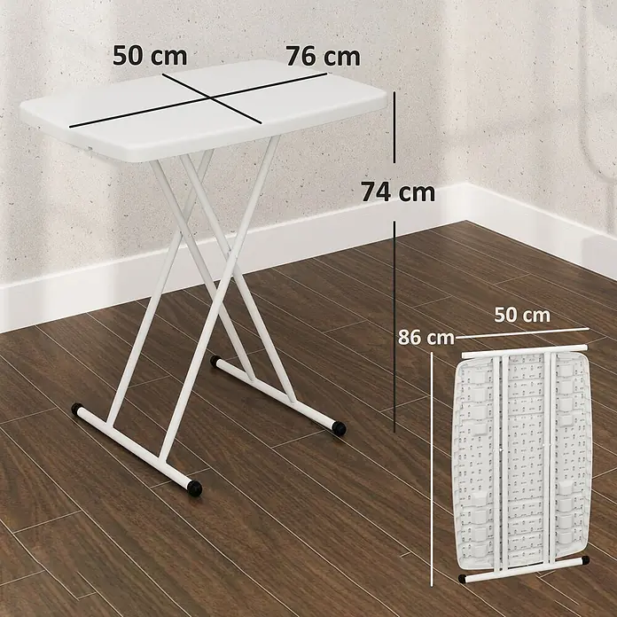 Outsunny Campingtisch - L x B x H: 76 x 50 x 74 cm, Kunststoff, Metall, Weiß, Klappbar - Weißer Klapptisch aus Kunststoff, 76x50x74 cm (aufgeklappt) und 86x50 cm (zusammengeklappt), vielseitig einsetzbar und kompakt lagerbar.