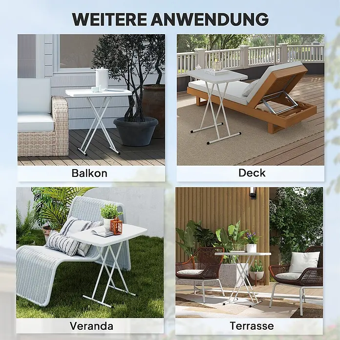 Outsunny Campingtisch - L x B x H: 76 x 50 x 74 cm, Kunststoff, Metall, Weiß, Klappbar - Weißer Klapptisch, der seine vielseitige Nutzung in verschiedenen Außenbereichen wie Balkon, Deck, Veranda und Terrasse zeigt.