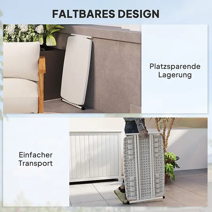Outsunny Campingtisch - L x B x H: 76 x 50 x 74 cm, Kunststoff, Metall, Weiß, Klappbar - Weißer Klapptisch in zwei Szenen: platzsparend hochkant gelagert und leicht tragbar. Die Unterseite zeigt ein Gittermuster.