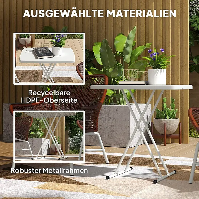 Outsunny Campingtisch - L x B x H: 76 x 50 x 74 cm, Kunststoff, Metall, Weiß, Klappbar - Weißer klappbarer Gartentisch mit recycelbarer HDPE-Platte und robustem Metallrahmen auf einer Terrasse.