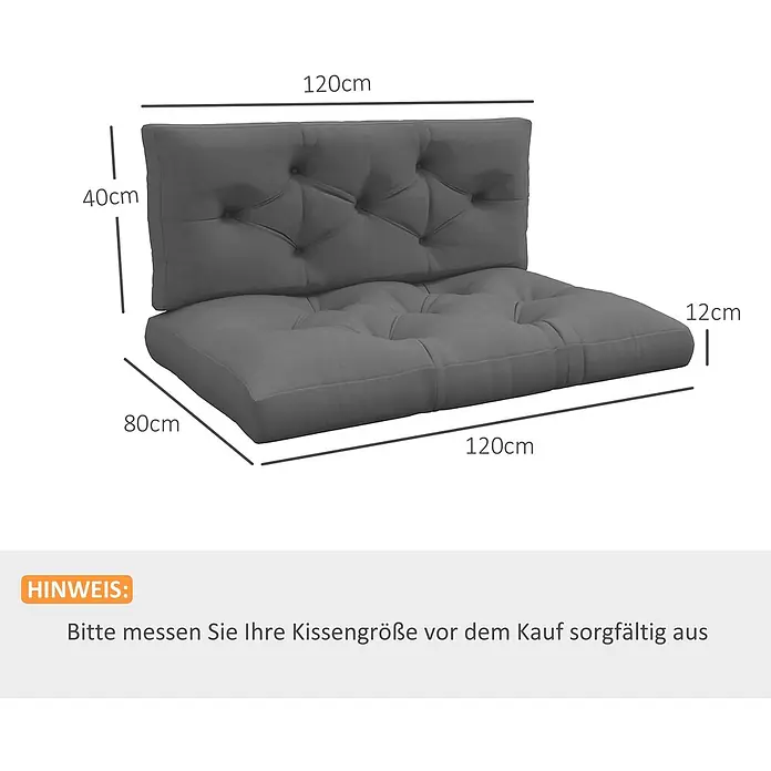 Outsunny Sitzauflage Palettensitzpolster - Dekopaletten, 1 Stk., L x B x H: 120 x 80 x 12 cm, 100% Polyester, Grau - Zwei graue, gesteppte Palettenkissen: eine Rückenlehne (120x40cm) und ein Sitzkissen (120x80cm), je 12cm dick.